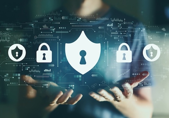 Digital shield and lock icons representing cybersecurity and risk reduction services